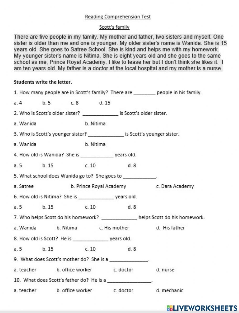 Reading Comprehension Test Online Activity Worksheets Library