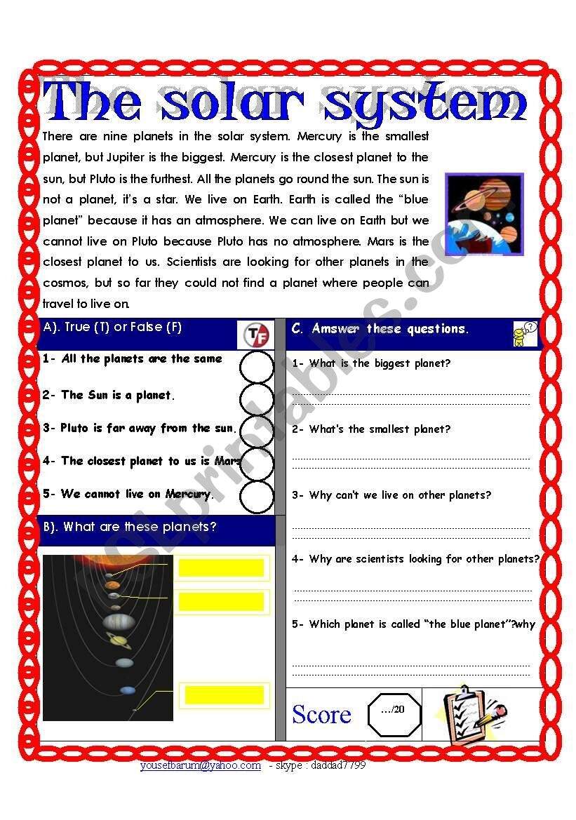 Reading Comprehension Test Theme The Solar System ESL Worksheet By Shmiskeen Formation Of The Solar System Reading Comprehension Classful