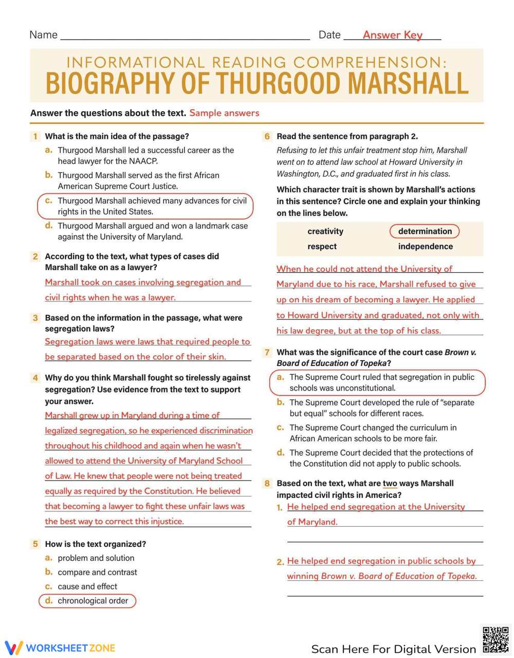Reading Comprehension Thurgood Marshall Bio Worksheet
