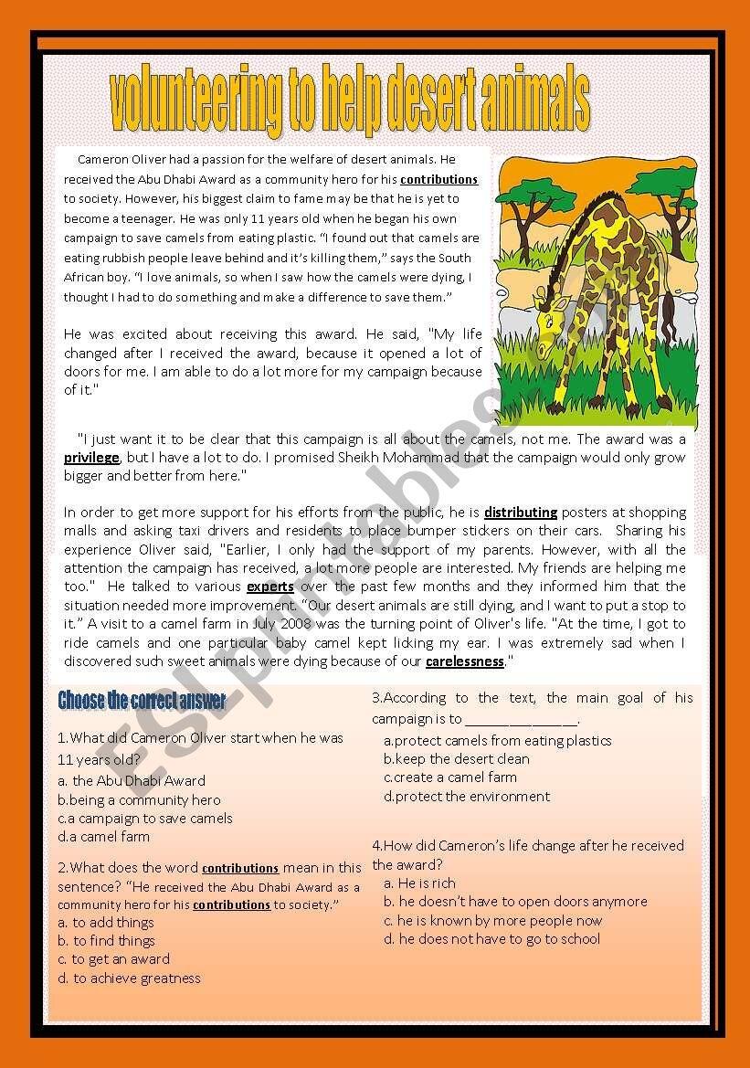 Reading Comprehension Volunteering ESL Worksheet By Aaisha86
