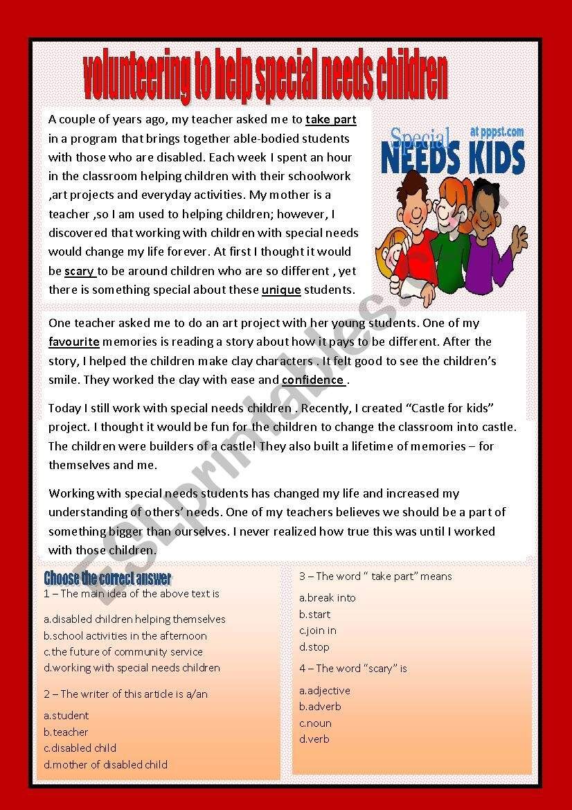 Reading Comprehension Volunteering ESL Worksheet By Aaisha86