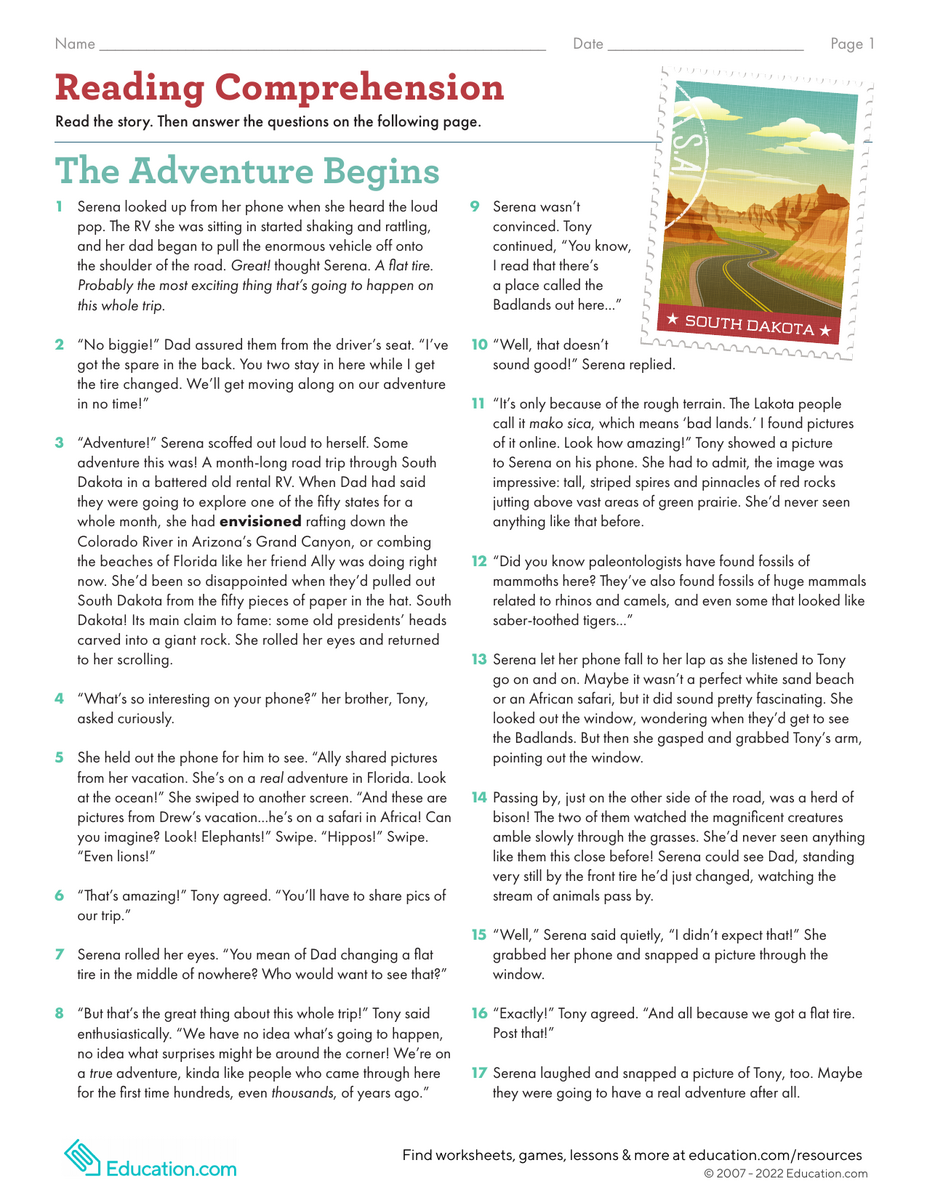 Reading Comprehension Worksheet The Adventure Begins