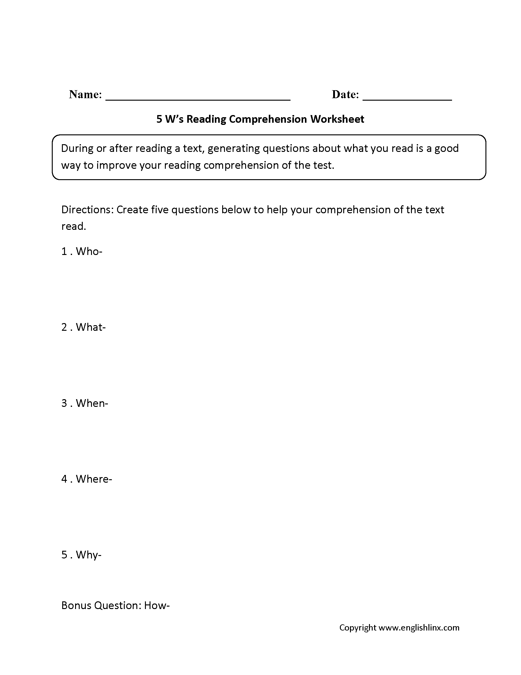Reading Comprehension Worksheets Five Ws Reading Comprehension Worksheets Library