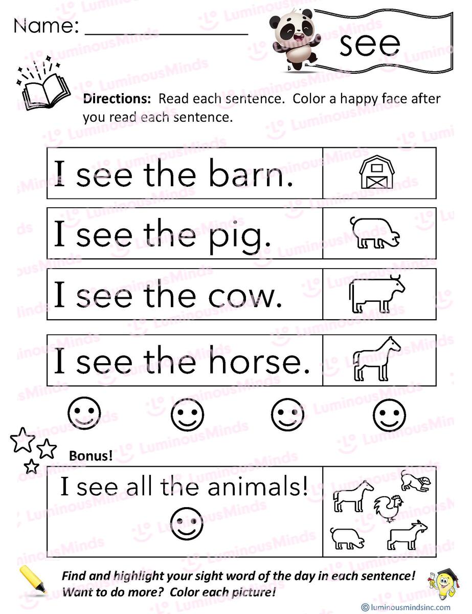 Reading Comprehension Worksheets Reading With Sight Word See Reading Comprehension Worksheets Reading With Sight Word See
