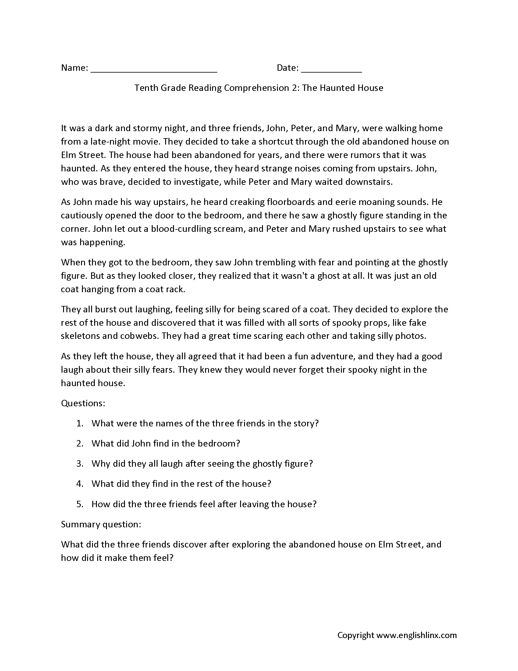 Reading Comprehension Worksheets Tenth Grade Reading Comprehension Worksheets