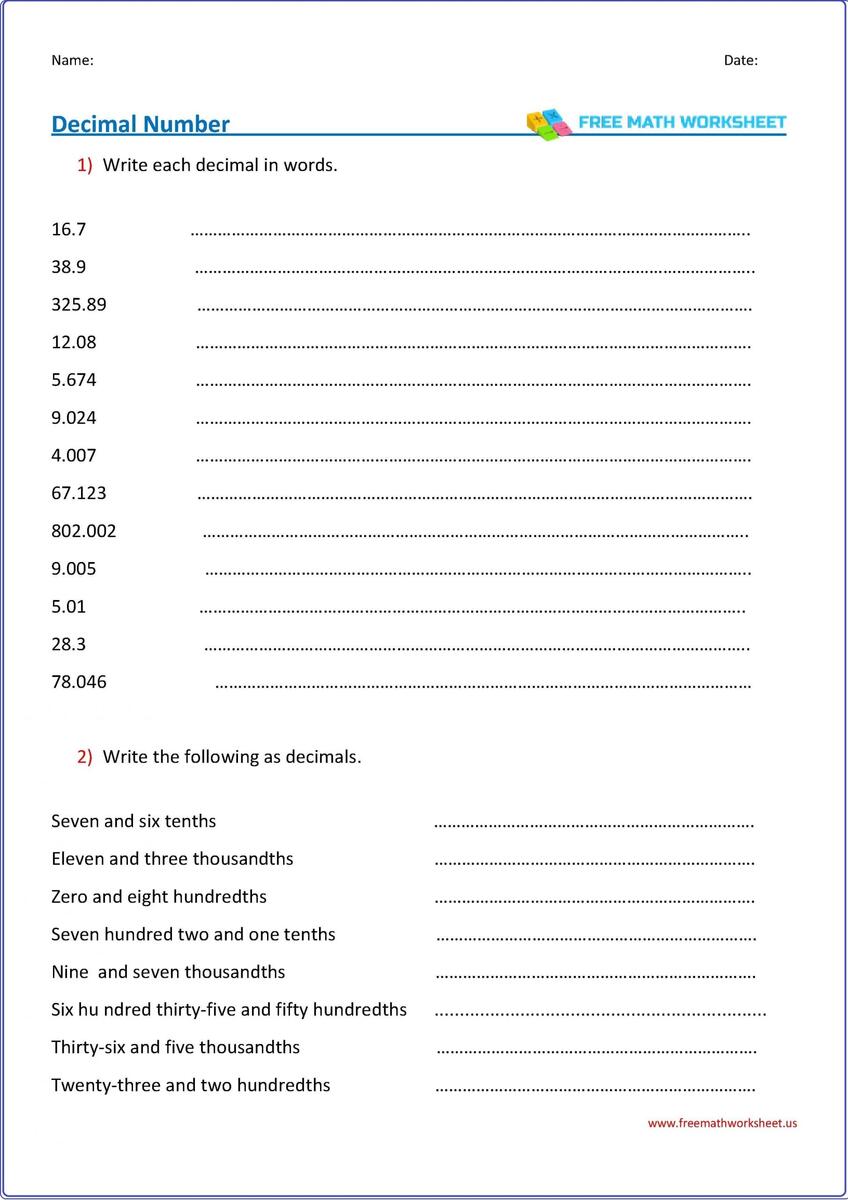 Reading Decimal Fractions Free Math Worksheets Worksheets Library
