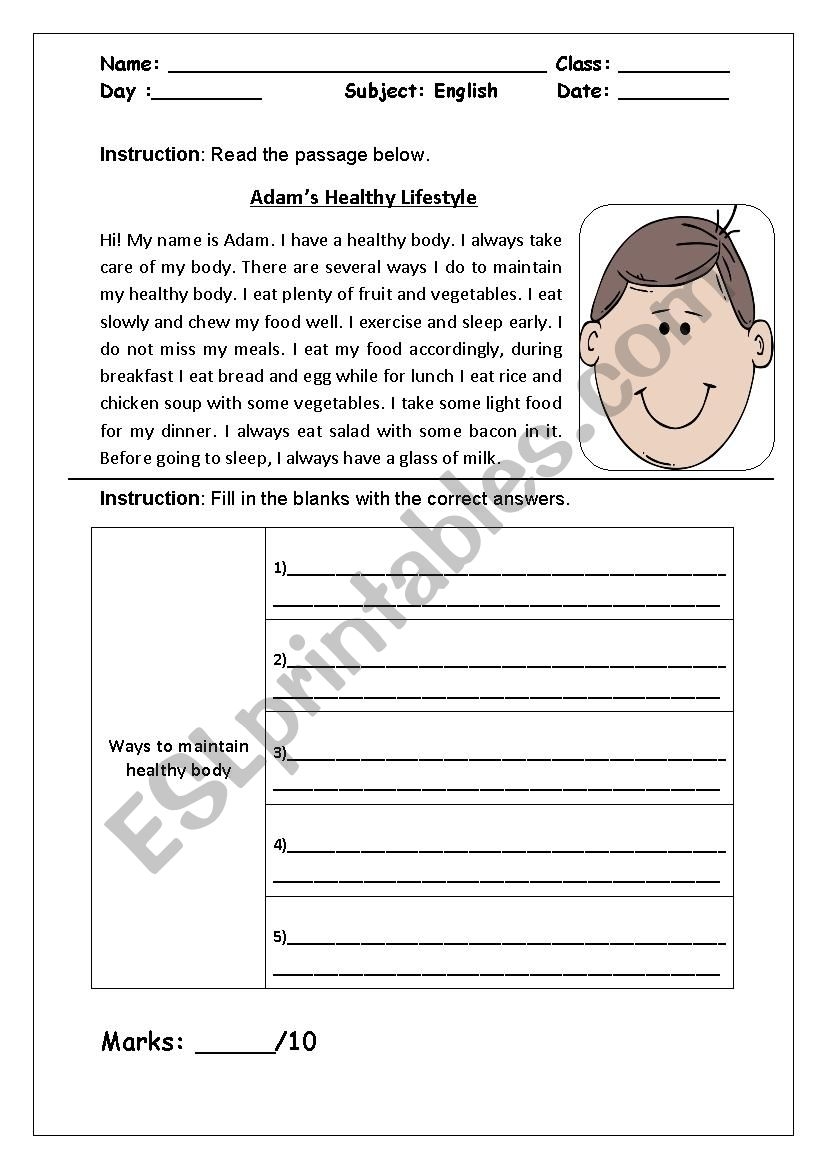 Reading Healthy Lifestyle ESL Worksheet By RajaHamiza