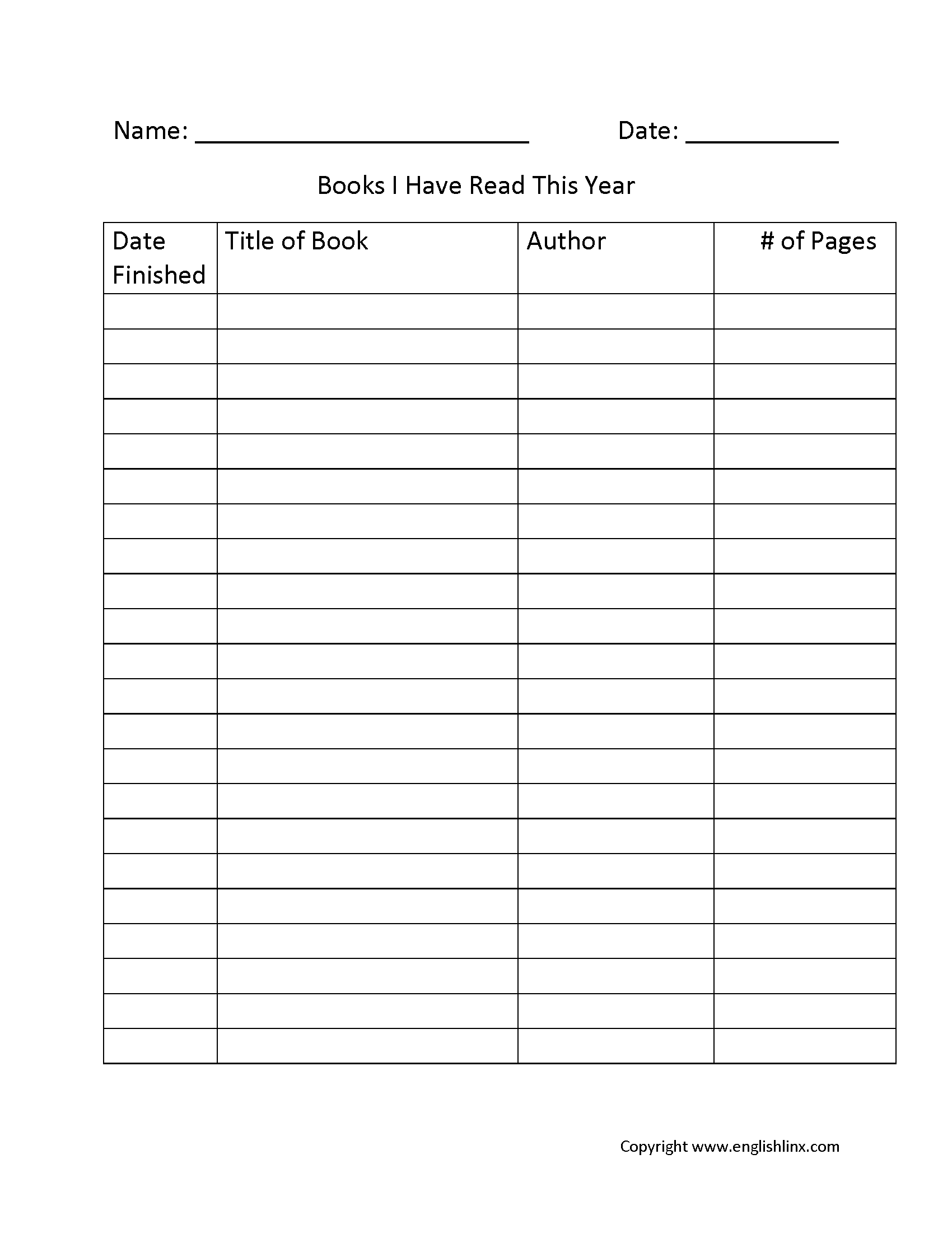 Reading Log Worksheets Books I Have Read This Year