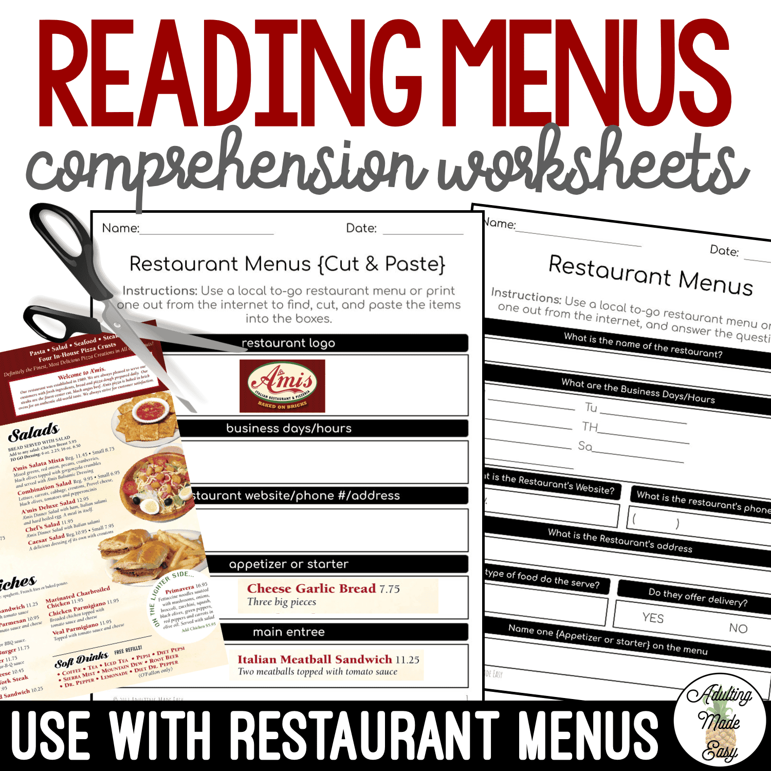 Reading Menus Comprehension Worksheets