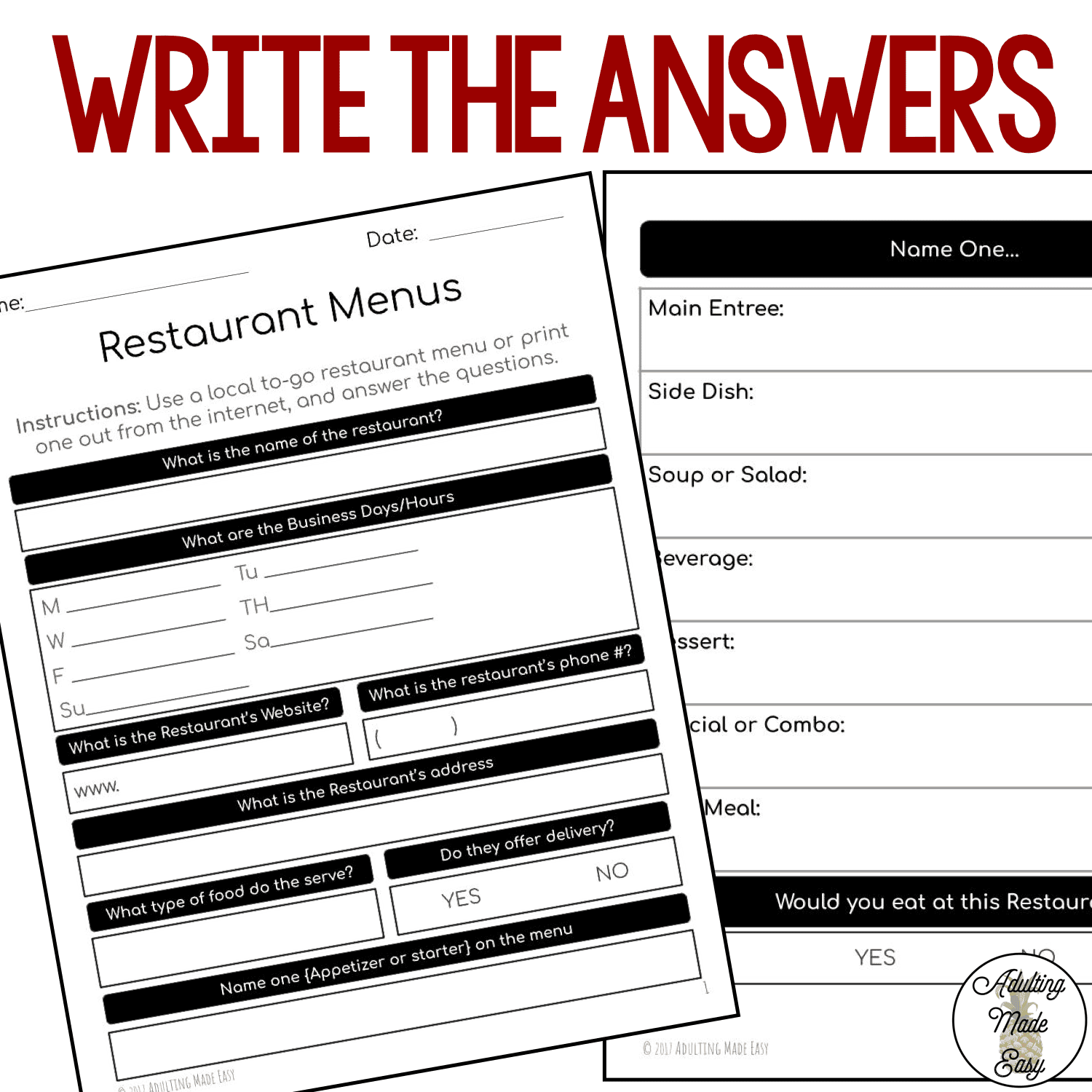 Reading Restaurant Menus 2 Worksheets