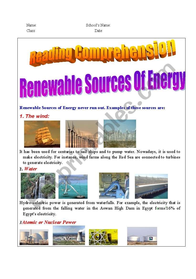 Reading Passage About Renewable Sources Of Energy ESL Worksheet By Mr Atef