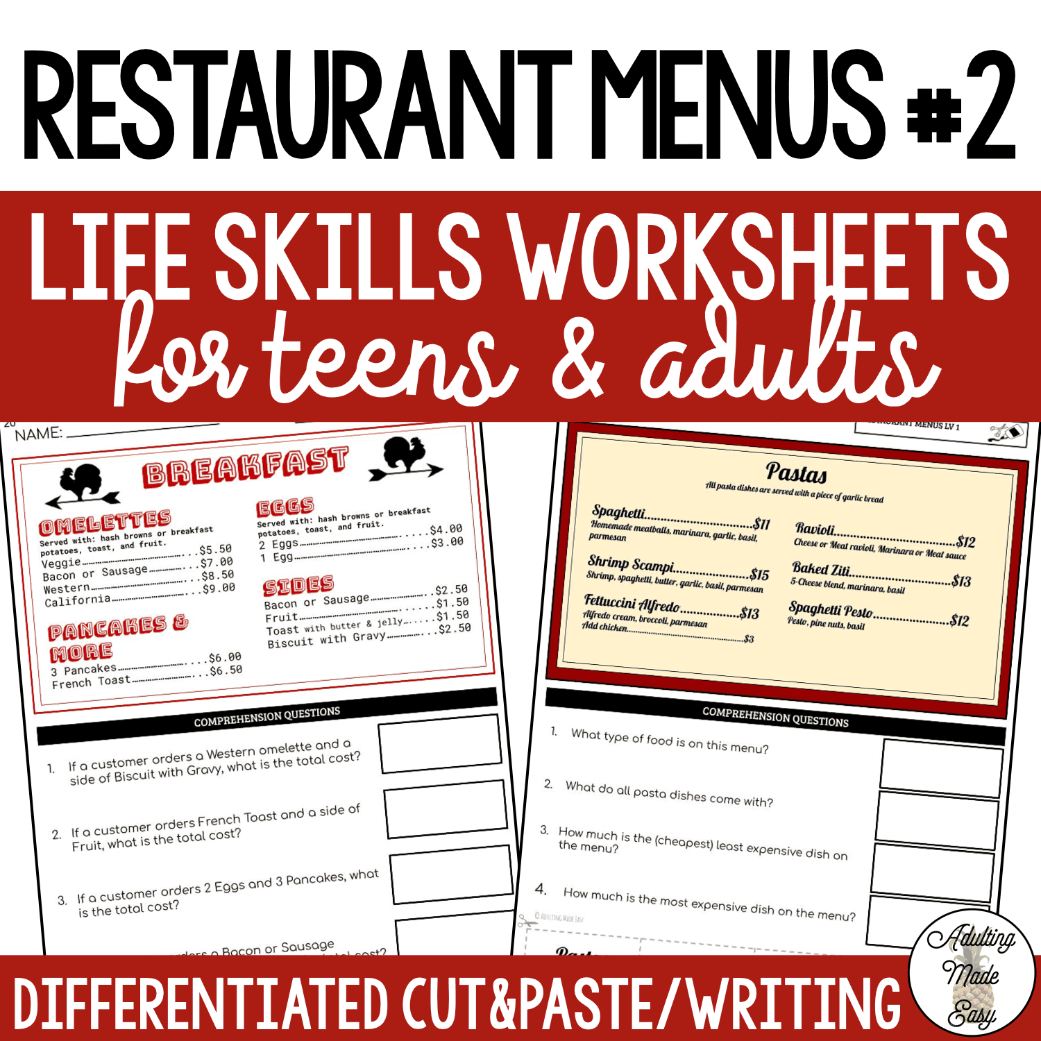 Reading Restaurant Menus 2 Worksheets