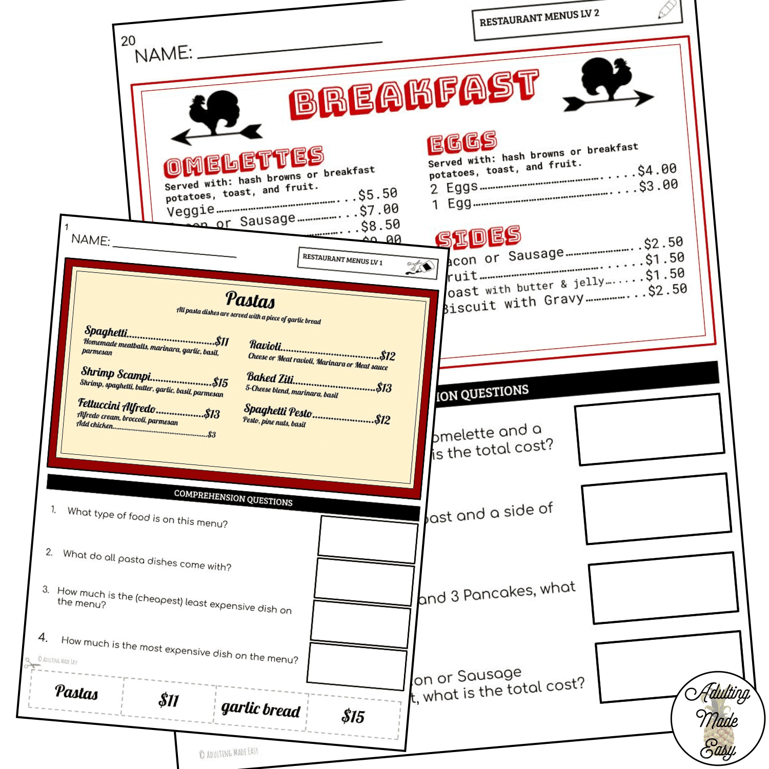 Reading Restaurant Menus 2 Worksheets