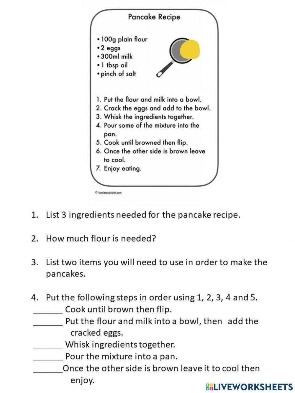 Recipe Comprehension Worksheet Worksheets Library