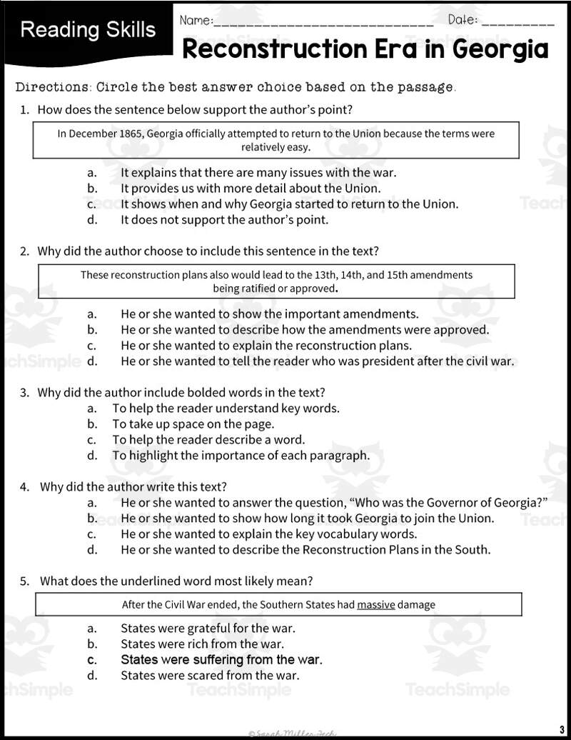 Reconstruction Era In Georgia Reading Packet By Teach Simple