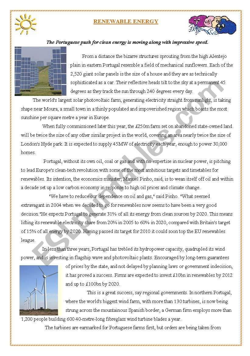 RENEWABLE ENERGY READING COMPREHENSION ESL Worksheet By Cimadas