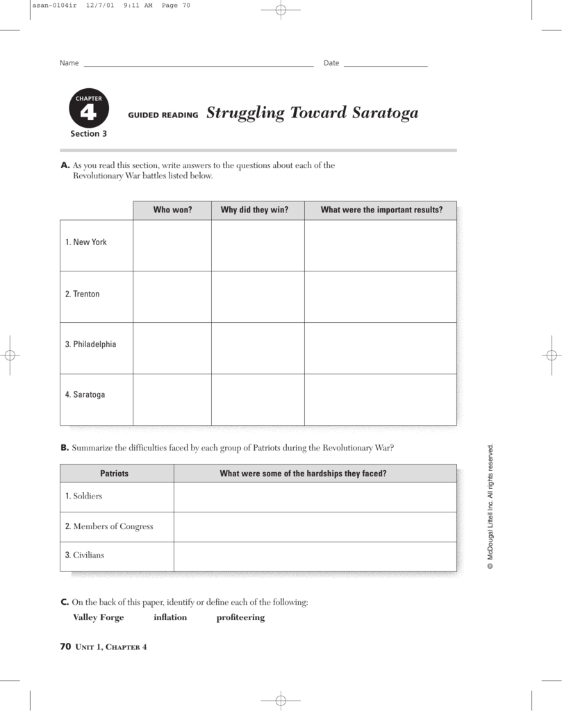 Revolutionary War Battles Patriot Hardships Worksheet