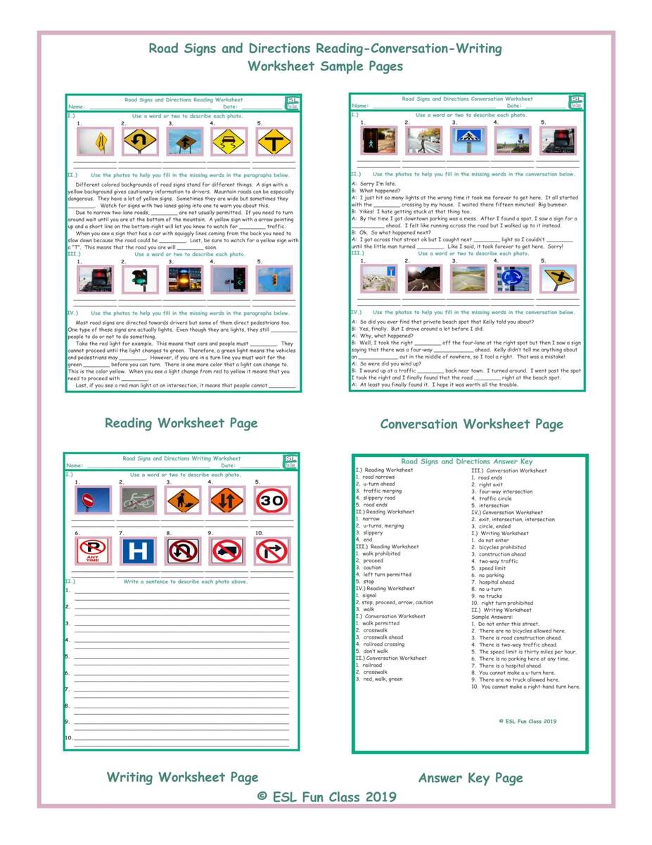 Road Signs And Directions Reading Conversation Writing Worksheets Teaching Resources