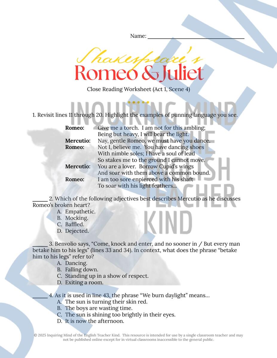 Romeo And Juliet Act 1 Scene 4 Close Reading Analysis Worksheet And Key Shakespeare Activity Made By Teachers