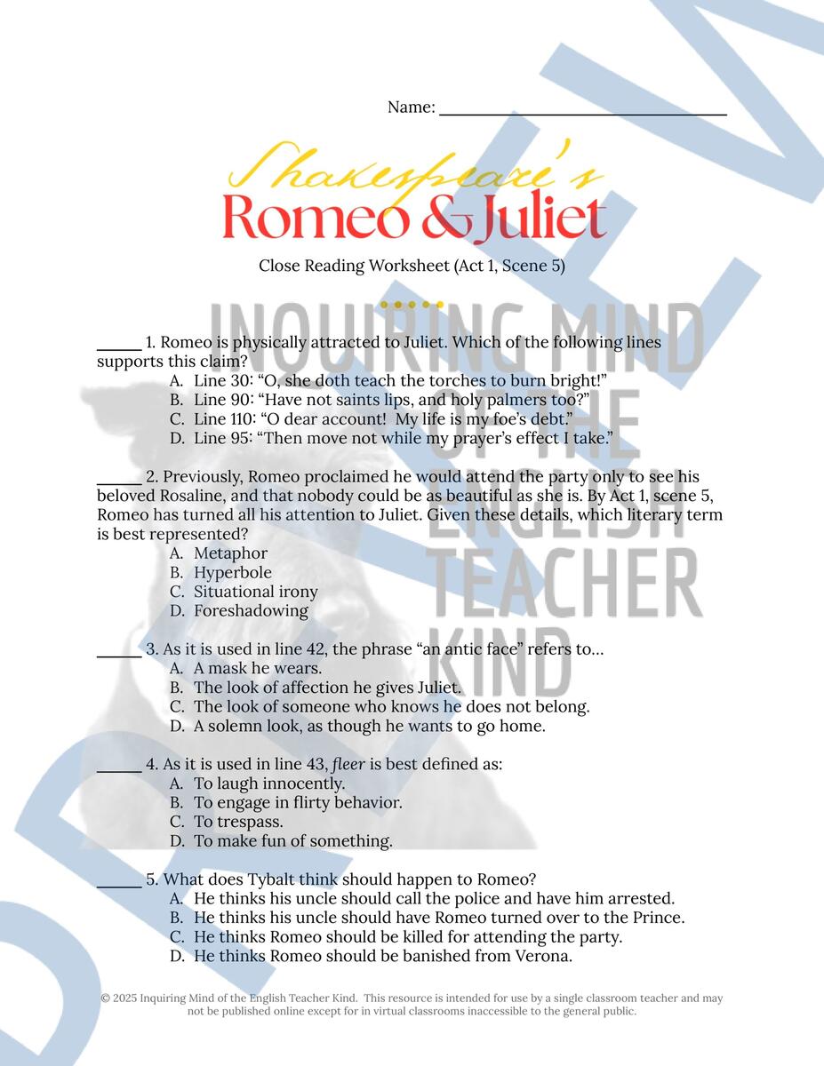 Romeo And Juliet Act 1 Scene 5 Close Reading Analysis Worksheet And Key Shakespeare Activity Made By Teachers