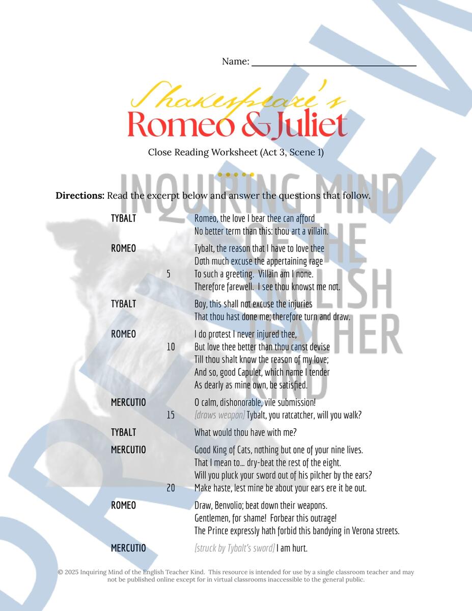 Romeo And Juliet Act 3 Scene 1 Close Reading Analysis Worksheet And Key Shakespeare Activity Made By Teachers
