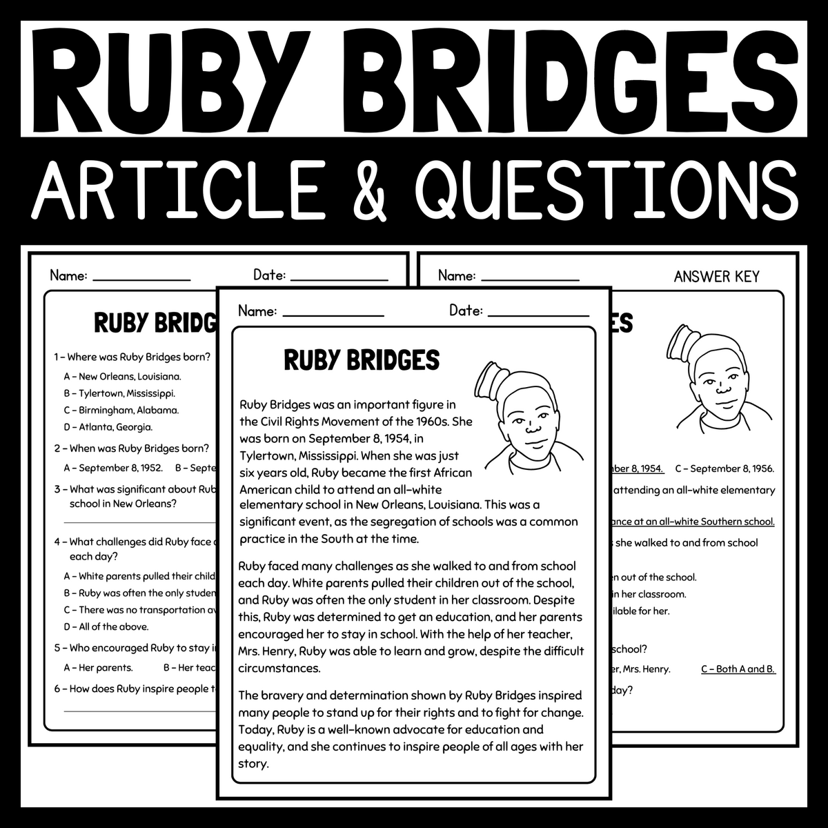 Ruby Bridges Article And Reading Comprehension Questions Women S History Month Made By Teachers Reading Comprehension Passage Questions Worksheets Ruby Bridges Black History Month Teaching Resources