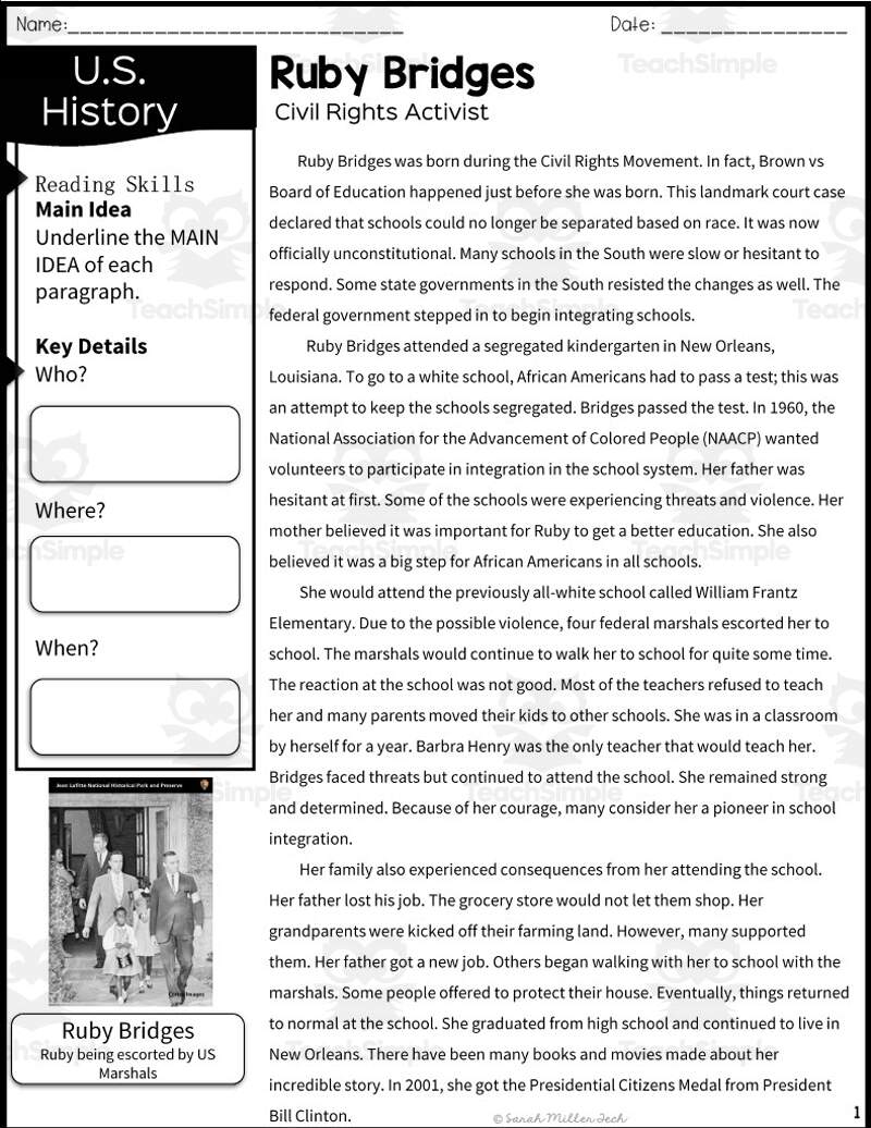 Ruby Bridges Reading Packet By Teach Simple