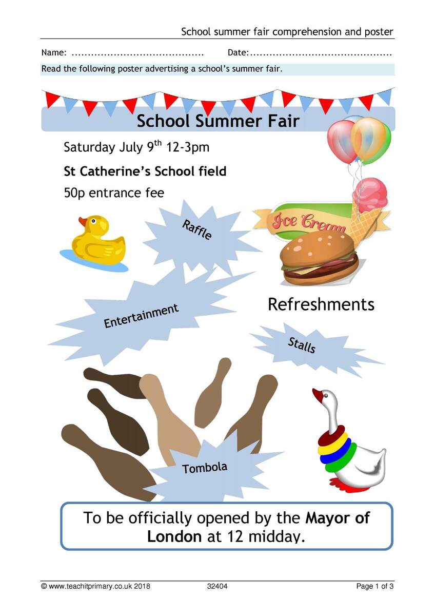 School Fair Poster Comprehension KS2 English Teachit School Fair Poster Comprehension KS2 English Teachit