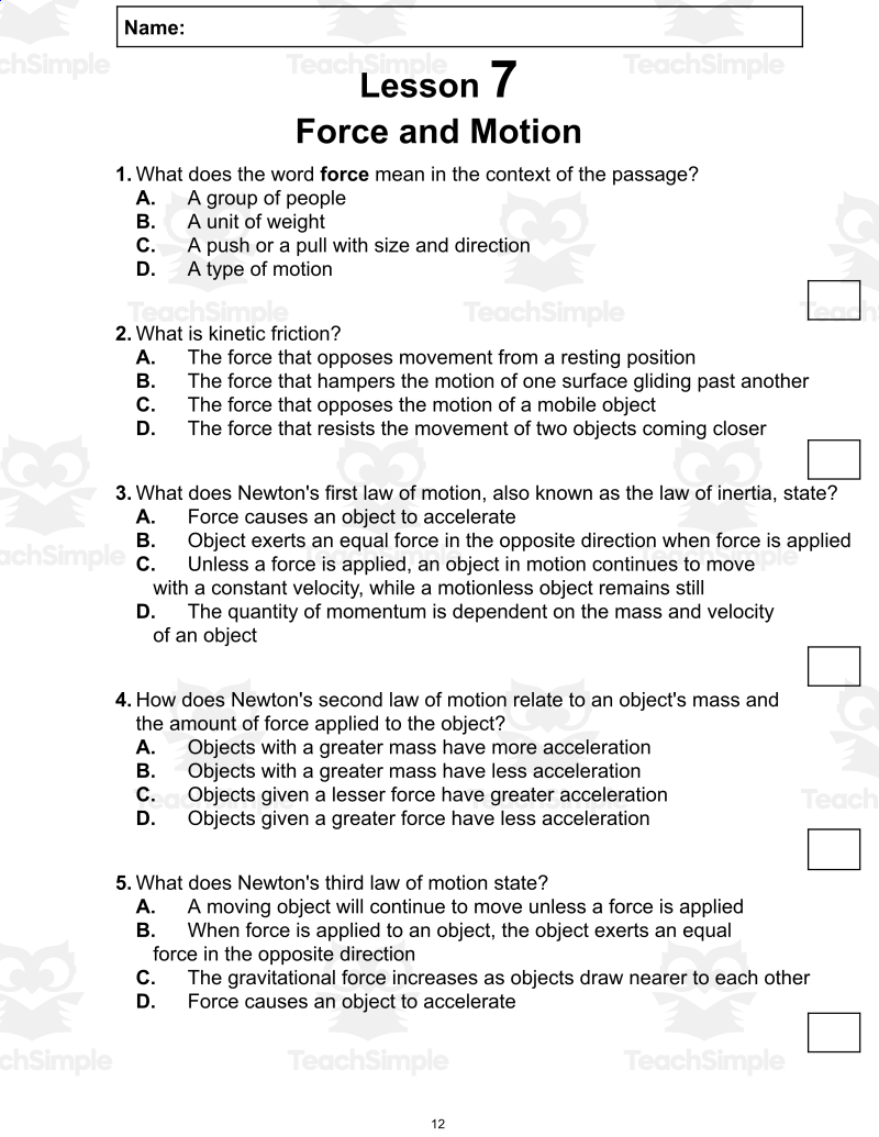 Science Reading Passage 7 Force And Motion PDF By Teach Simple