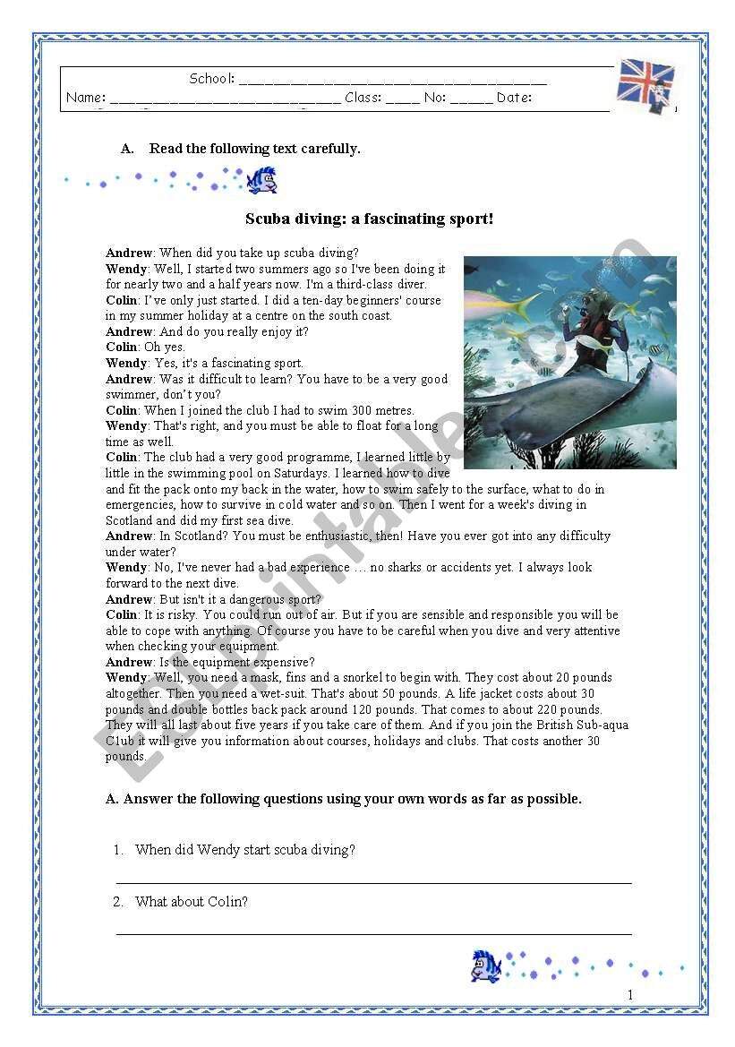 Scuba Diving Reading Activity ESL Worksheet By Giselehes