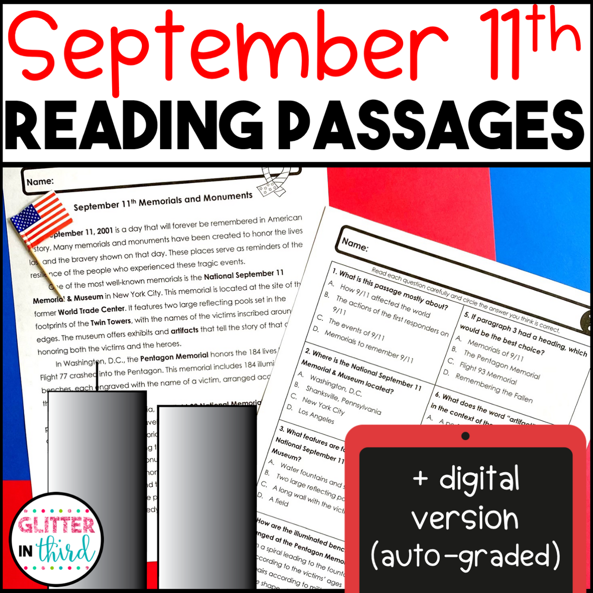 September 11 Patriot Day Reading Comprehension Passages Activities Worksheets Glitter In Third