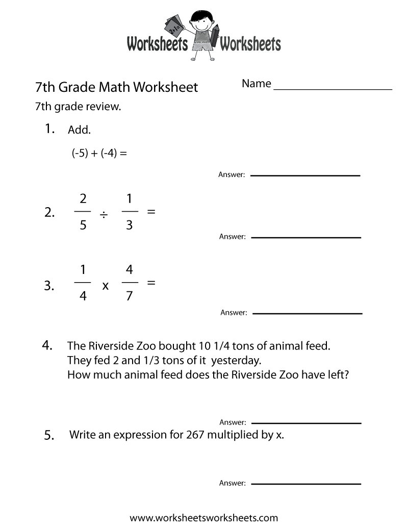 Seventh Grade Math Practice Worksheet Worksheets Worksheets Integers Worksheets For Grade 7 Math