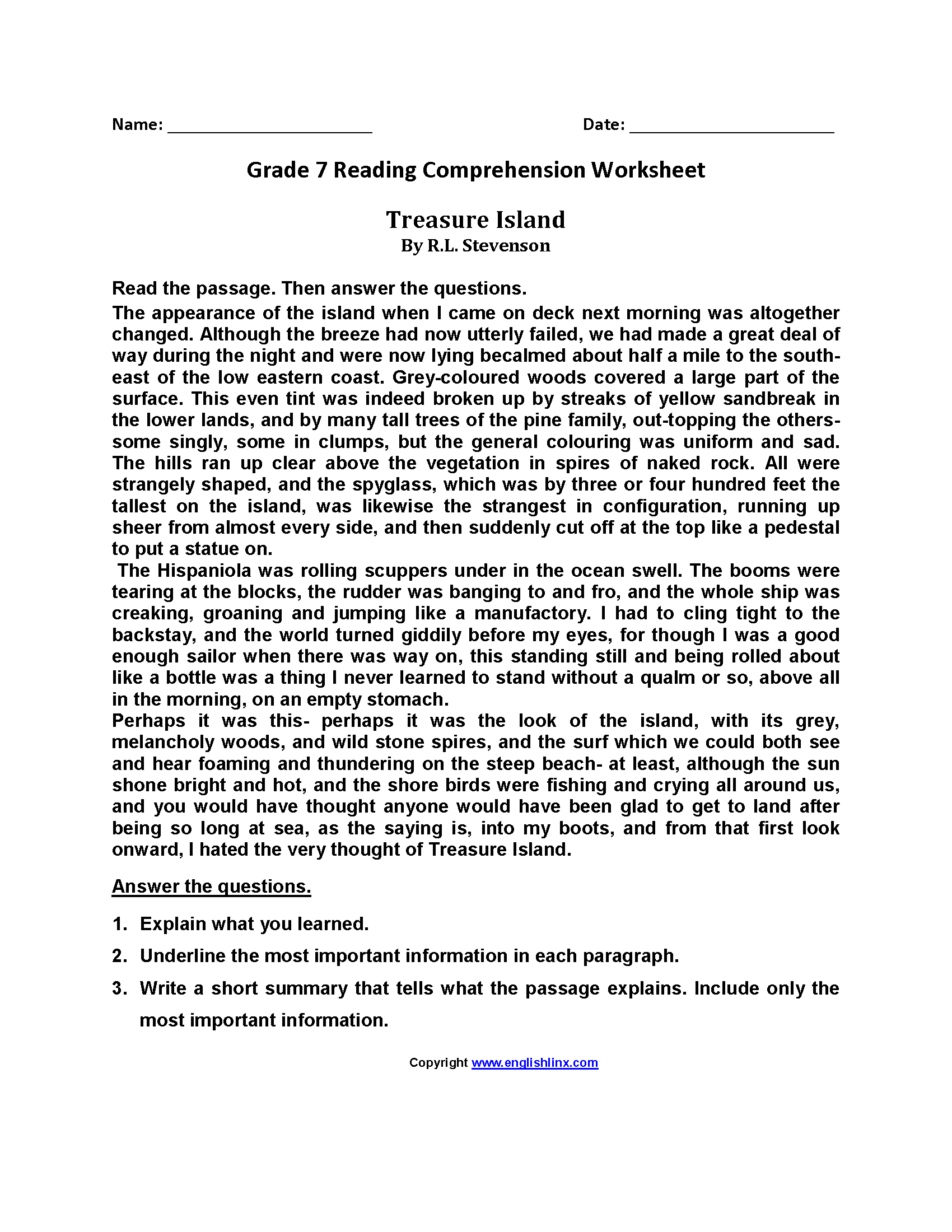 Seventh Grade Reading Worksheets Vocabulary Fluency Practice