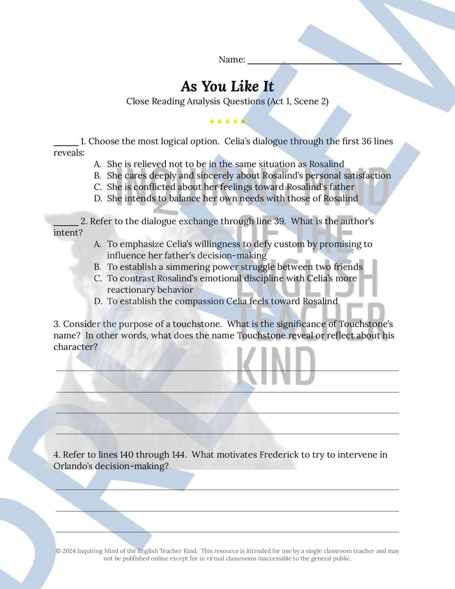 Shakespeare S As You Like It Act 1 Scene 2 Close Reading Analysis Worksheet Classful