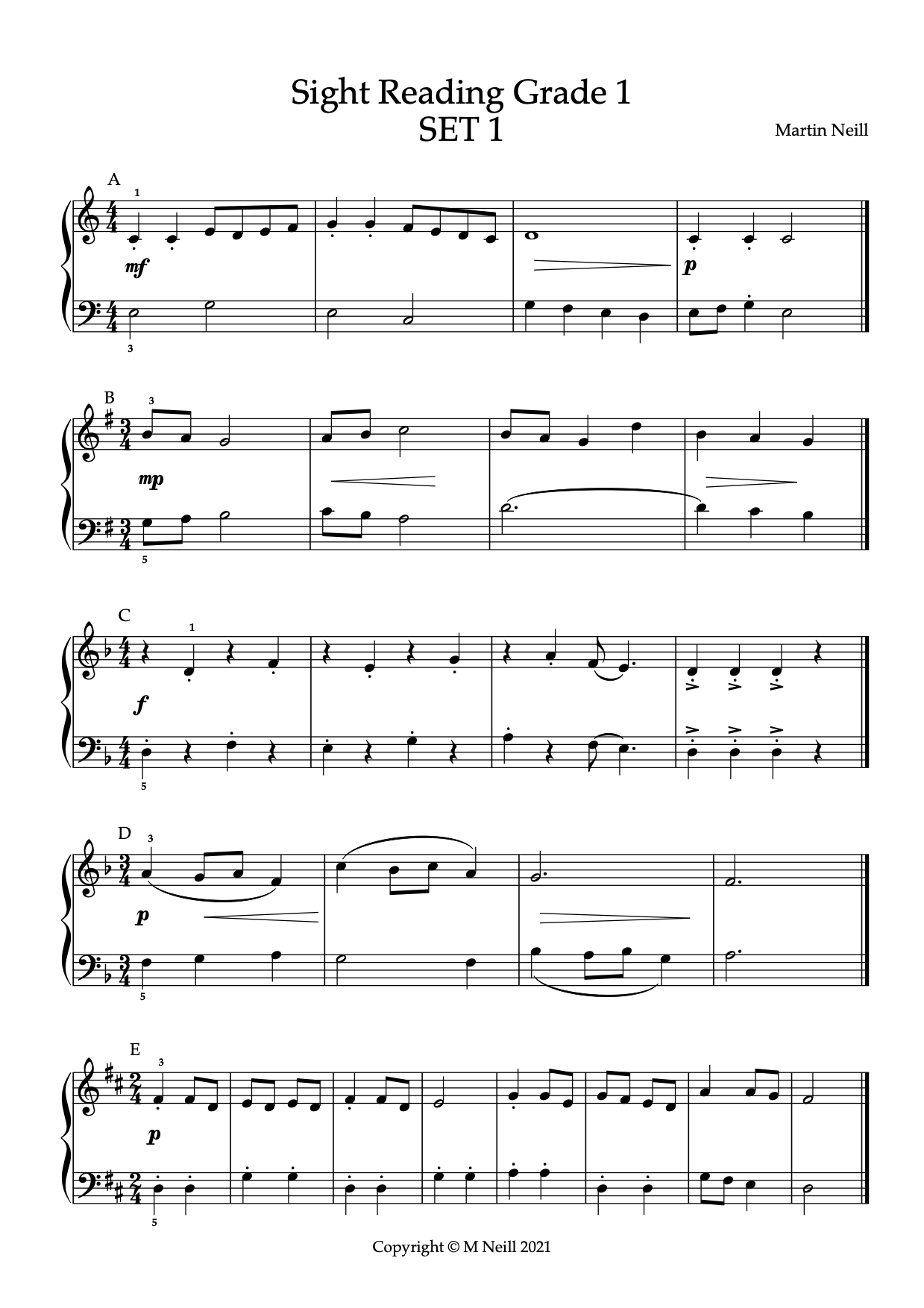 Sight Reading Grade 1 Set 1 PianoTunes