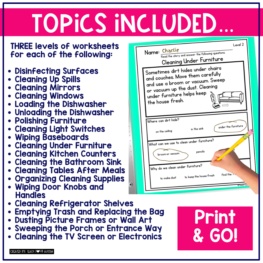 Simple Life Skills Reading Comprehension Worksheets Cleaning And Home Care Teach Love Autism Simple Life Skills Reading Comprehension Worksheets Cleaning And Home Care Teach Love Autism