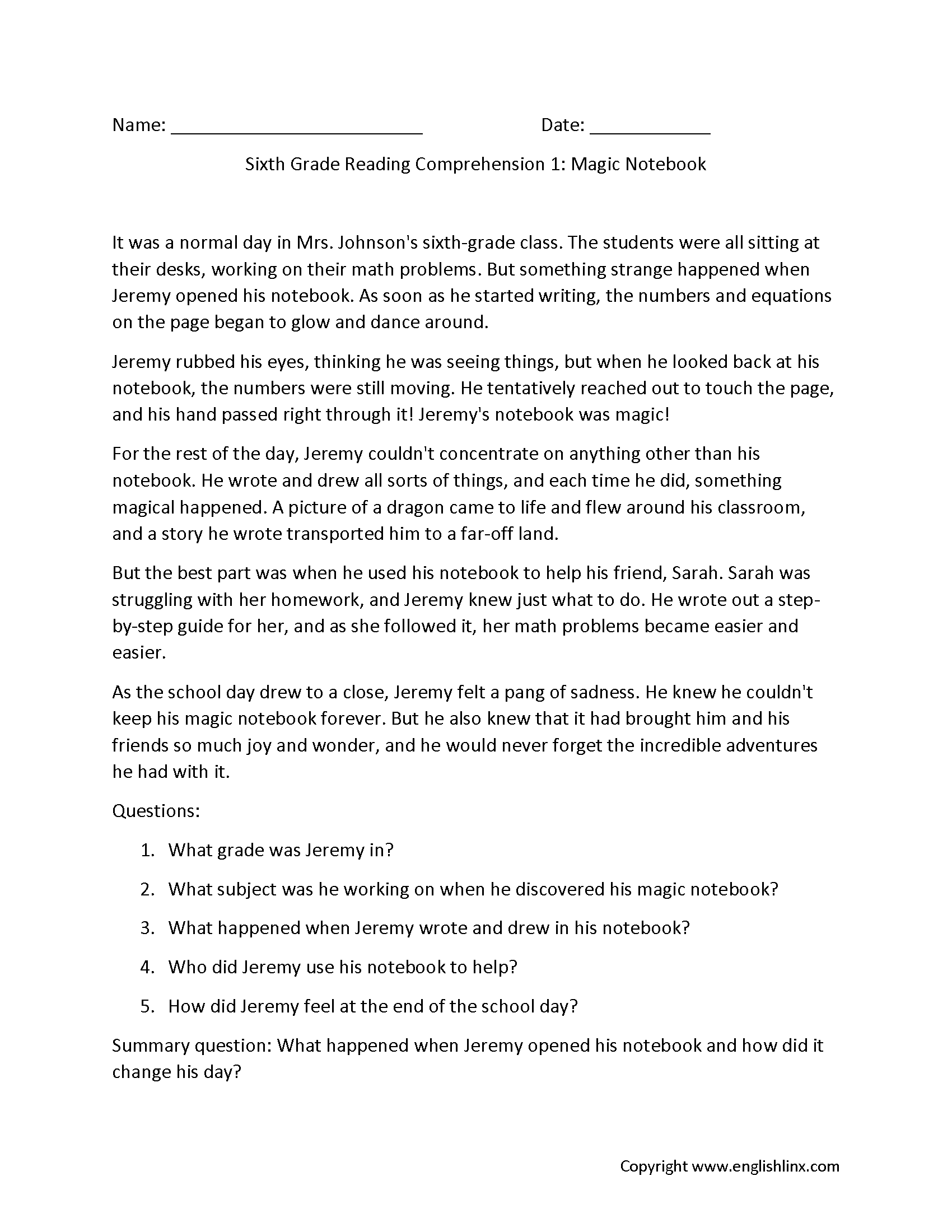 Sixth Grade Reading Comprehension Worksheets Free Printable 6th Grade Reading Passages Sixth Grade Reading Comprehension Worksheets Free Printable 6th Grade Reading Passages