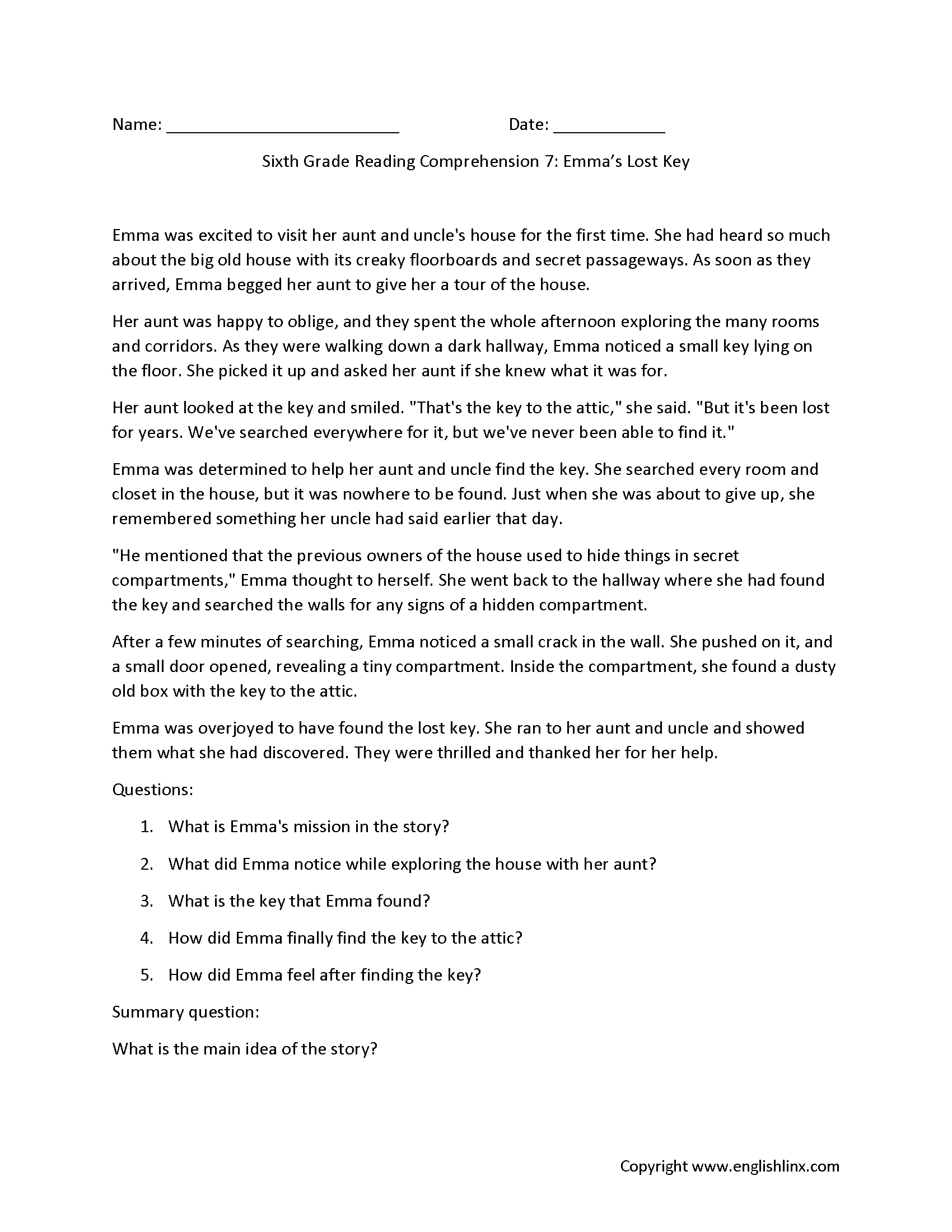 Sixth Grade Reading Comprehension Worksheets Free Printable 6th Grade Reading Passages Reading Comprehension Sixth Grade Worksheet Worksheets Library