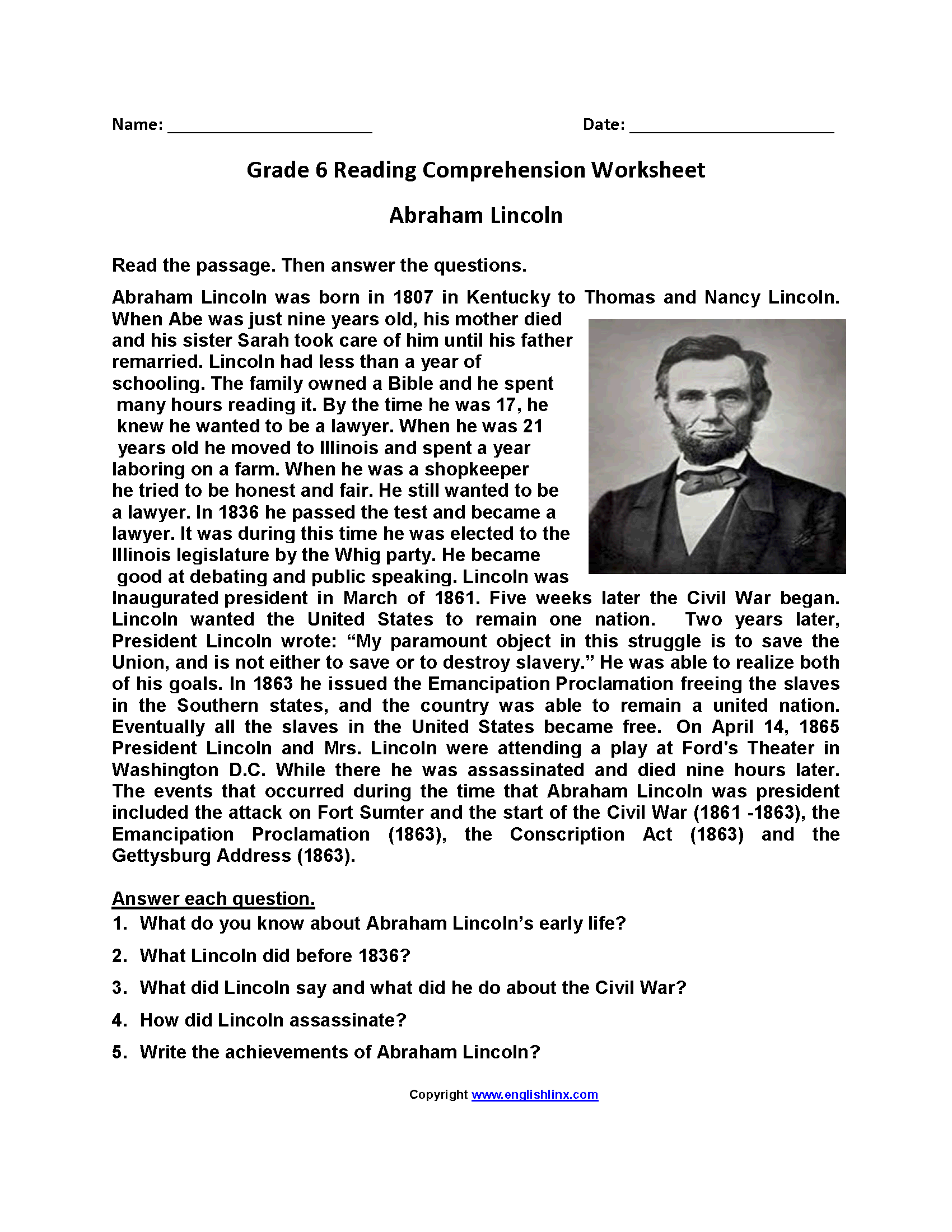 Sixth Grade Reading Comprehension Worksheets Free Printable 6th Grade Reading Passages