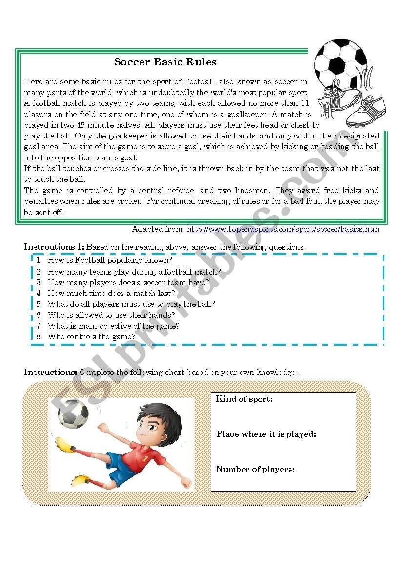 Soccer Basic Rules ESL Worksheet By KathyQB