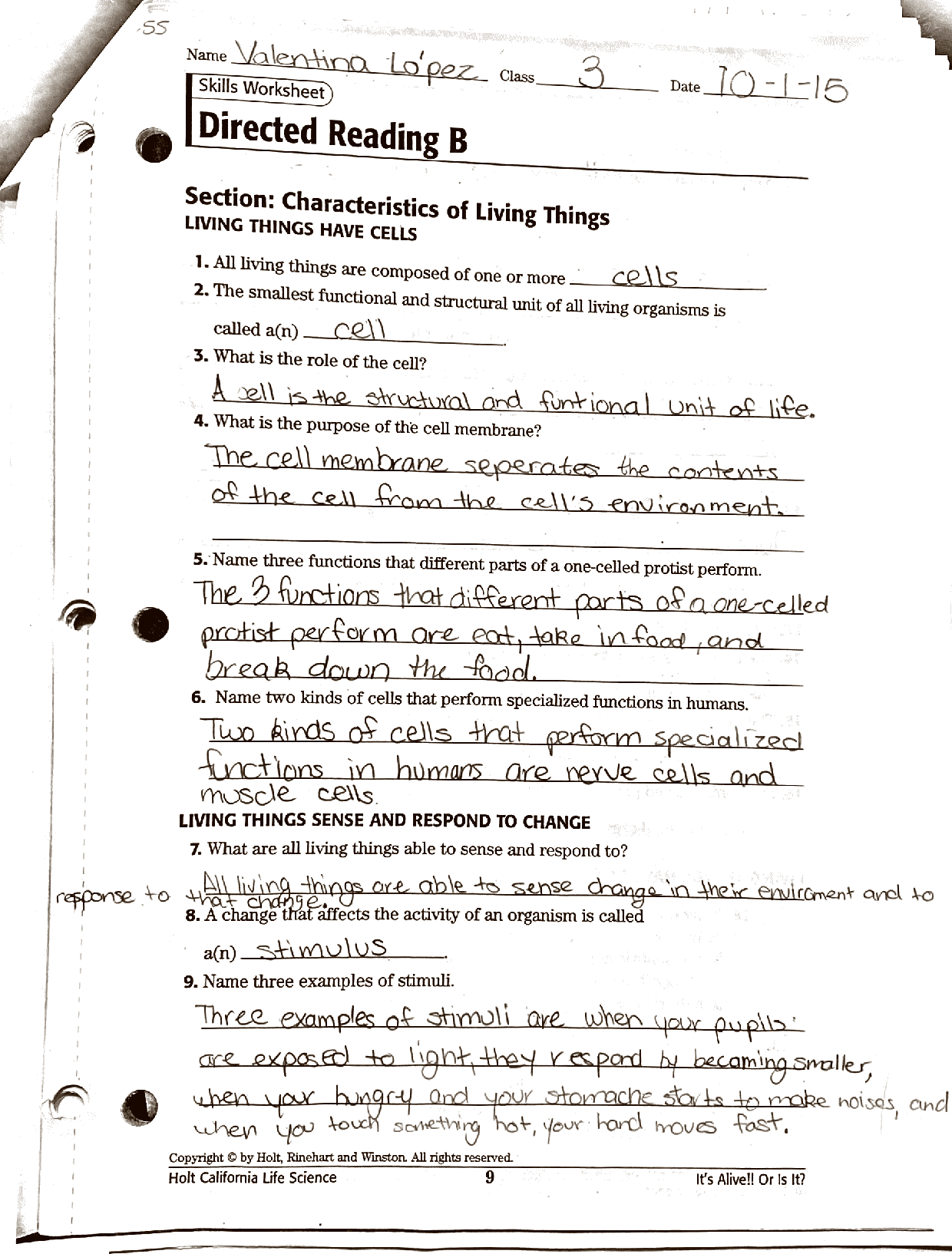 SOLUTION Characteristics Of Living Things Directed Reading Worksheets Library