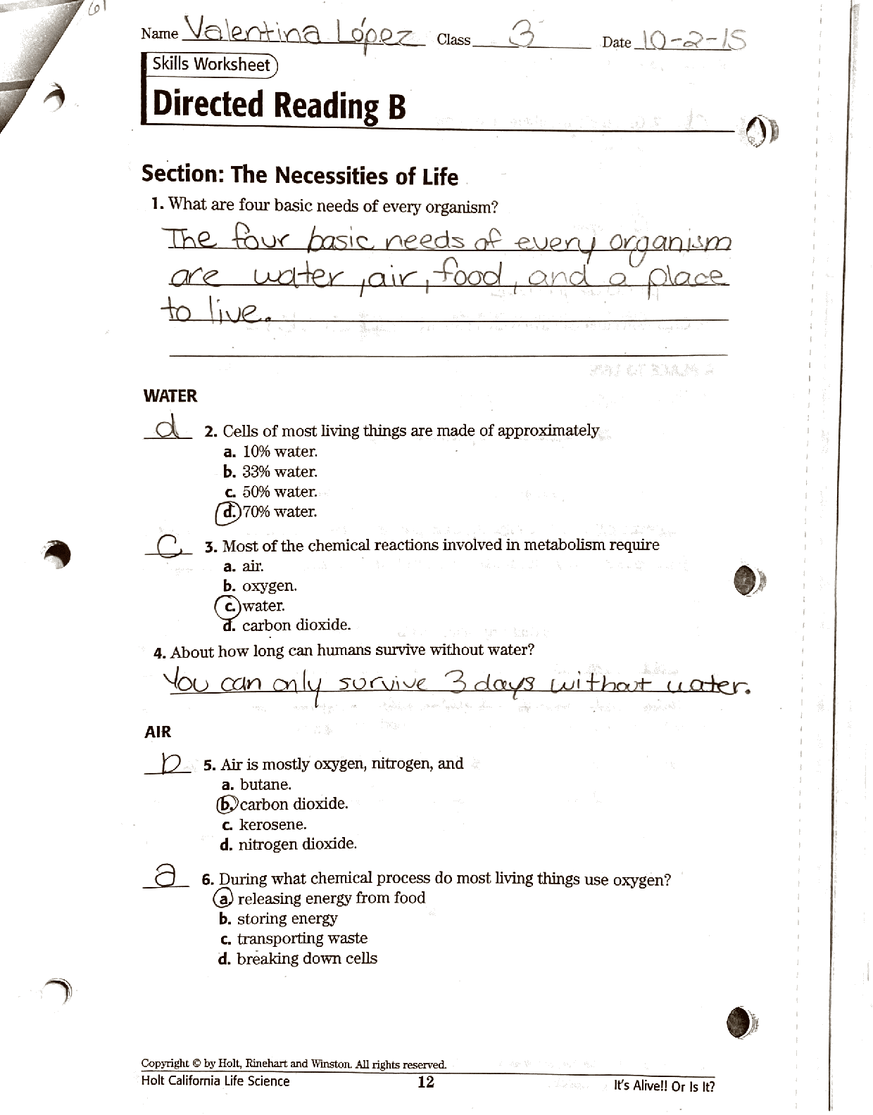 SOLUTION Necessities Of Life Directed Reading Worksheet Studypool Worksheets Library
