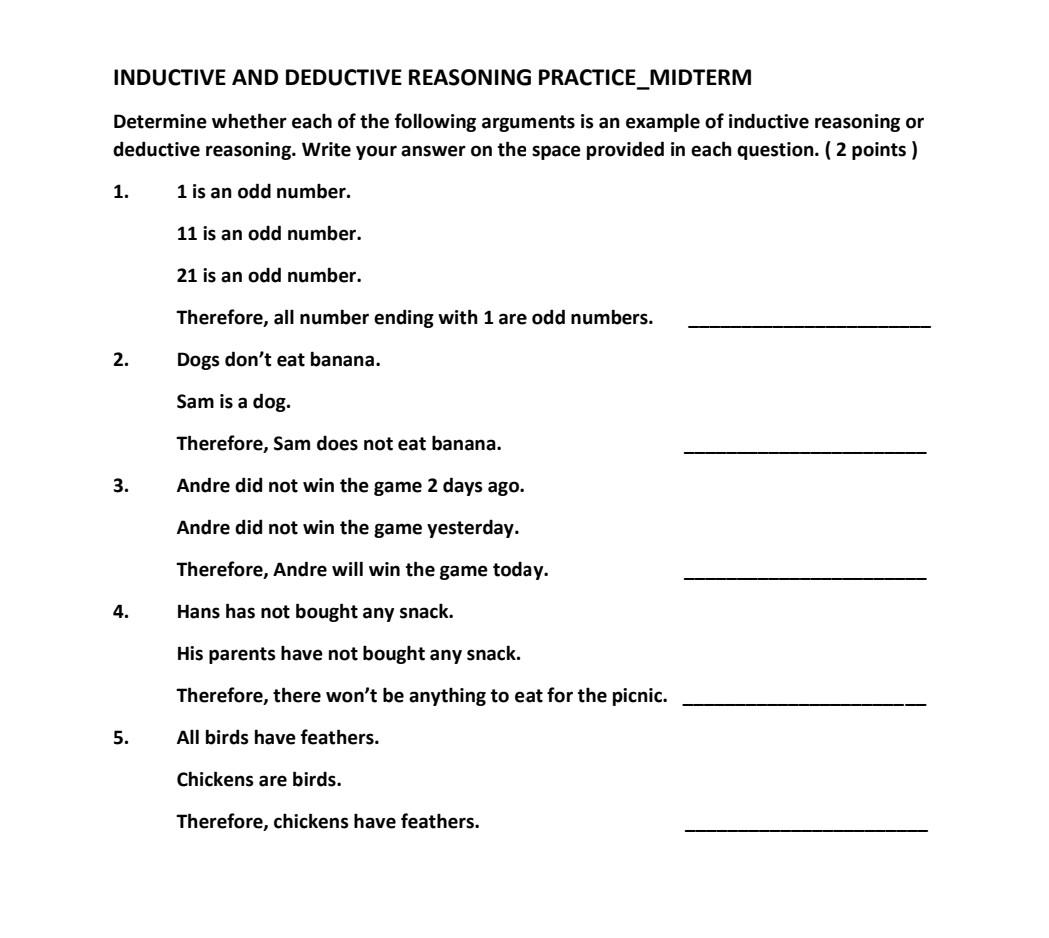 Solved INDUCTIVE AND DEDUCTIVE REASONING PRACTICE MIDTERM Chegg Solved INDUCTIVE AND DEDUCTIVE REASONING PRACTICE MIDTERM Chegg