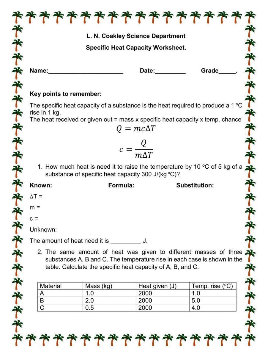 Specific Heat Capacity Worksheet Practice Problems And Solutions Specific Heat Capacity Worksheet Practice Problems And Solutions