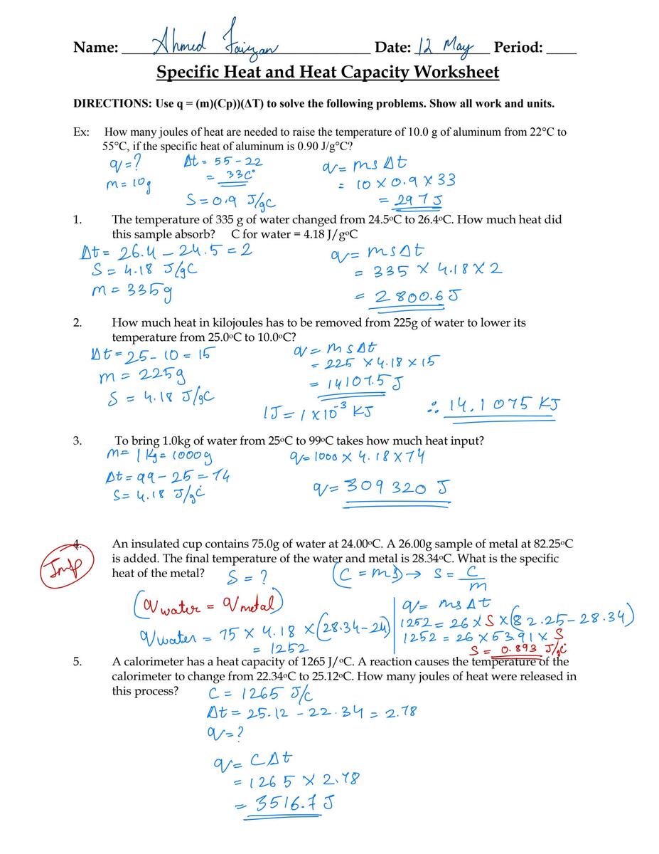 Specific Heat Capacity Worksheet Practice Problems And Solutions