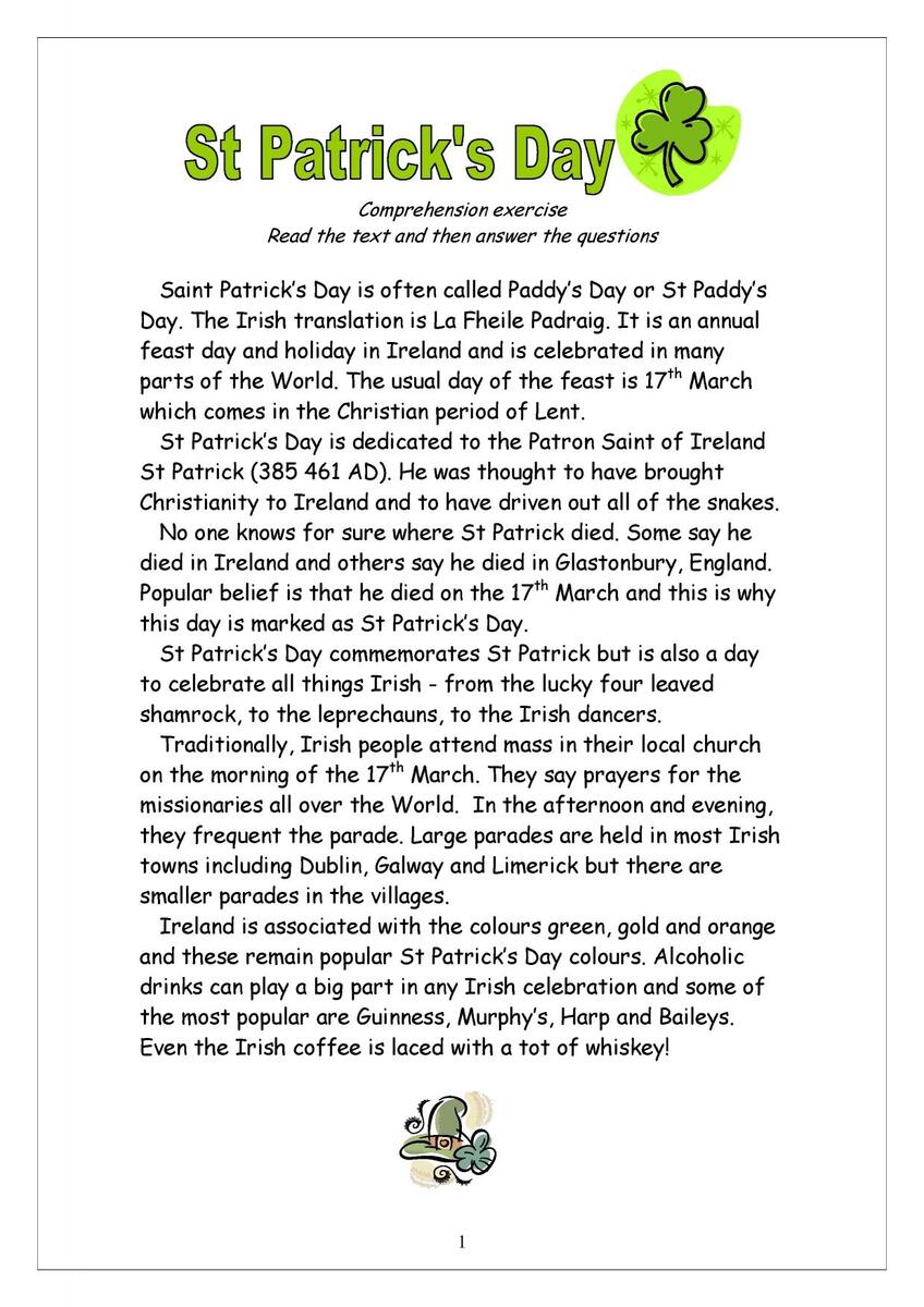 St Patrick s Day Reading Comprehension KS2 Teachit