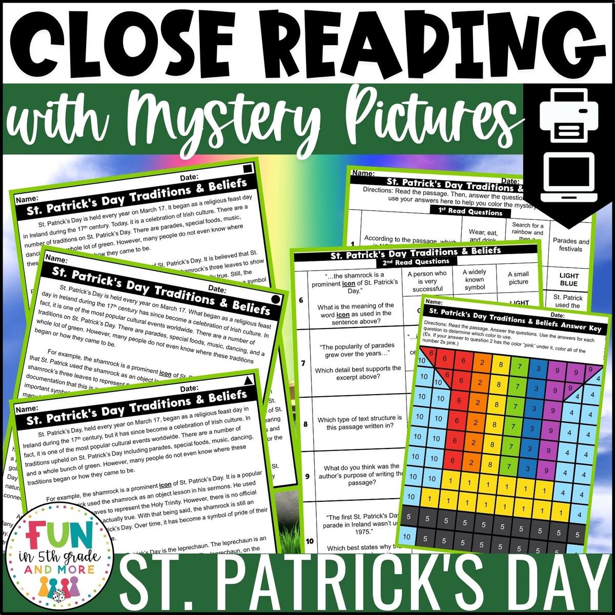 St Patrick S Day Reading Comprehension Passages With Mystery Picture Activity Fun In 5th Grade MORE
