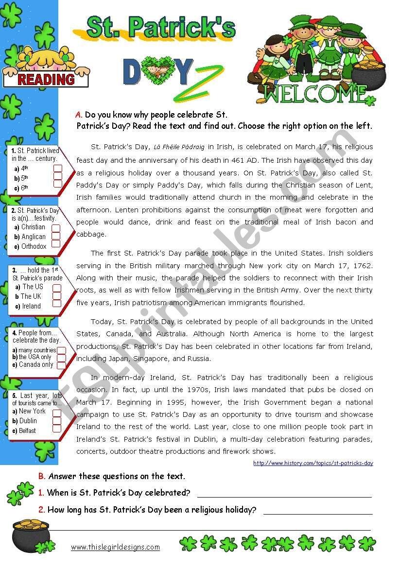 St Patrick S Day Set 2 Reading Comprehension ESL Worksheet By Mena22 St Patrick S Day Handout ESL Worksheet By Anast Mic