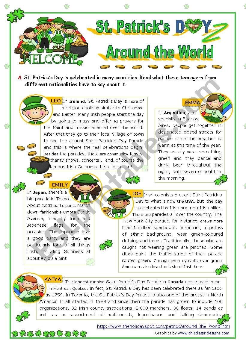 St Patrick s Day Set 3 St Patrick s Day Around The World Reading Comprehension ESL Worksheet By Mena22