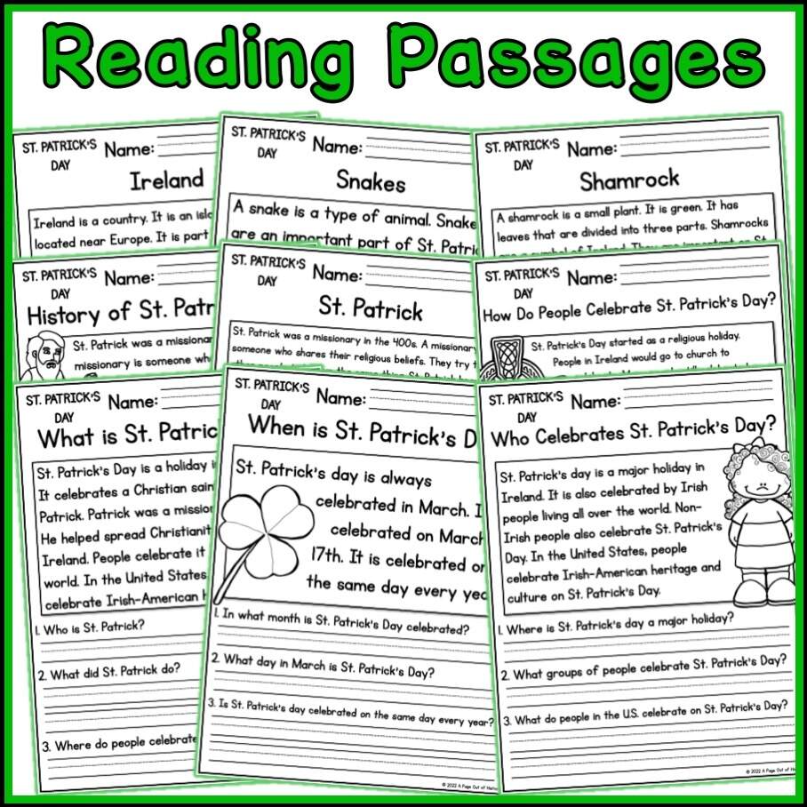 St Patricks Day Holidays Reading Comprehension Passages K 2 Made By Teachers